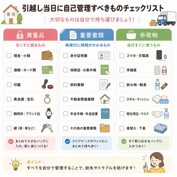 引越し当日に自己管理すべきものチェックリスト（貴重品・重要書類・手荷物）