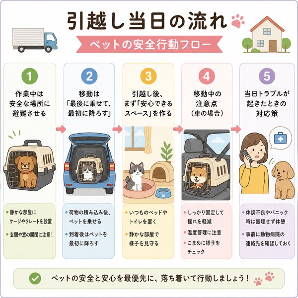 引越し当日の流れ（ペットの安全行動フロー）