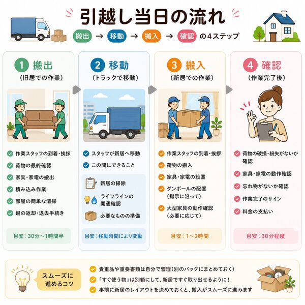 引越し当日の流れ（搬出〜搬入〜作業完了まで）