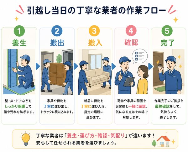 引越し当日の丁寧な業者の作業フロー(養生→搬出→搬入→確認→完了)