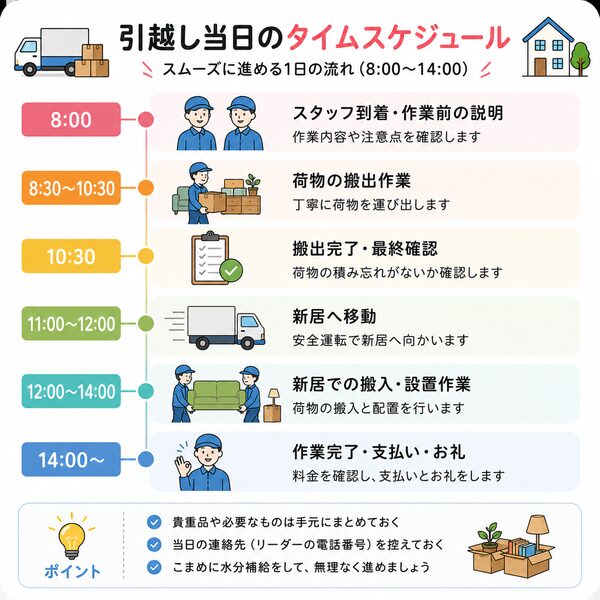 引越し当日のタイムスケジュール(8:00〜14:00)