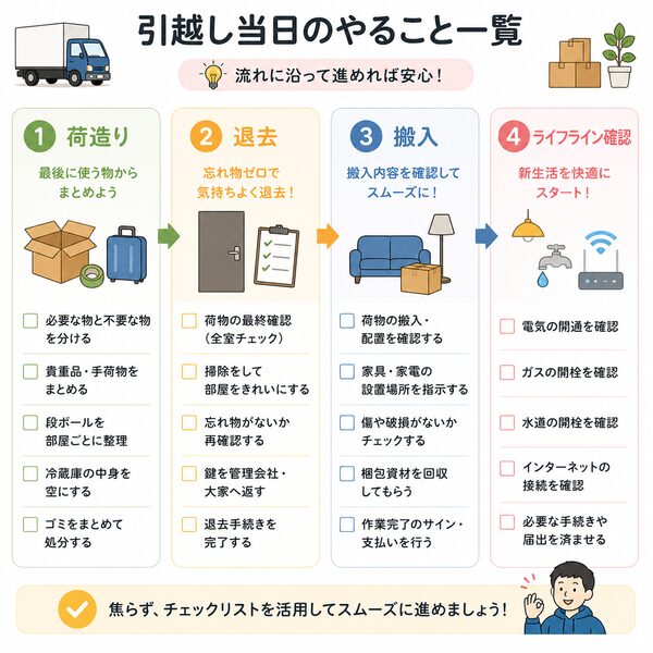 引越し当日のやること一覧（荷造り→退去→搬入→ライフライン確認）