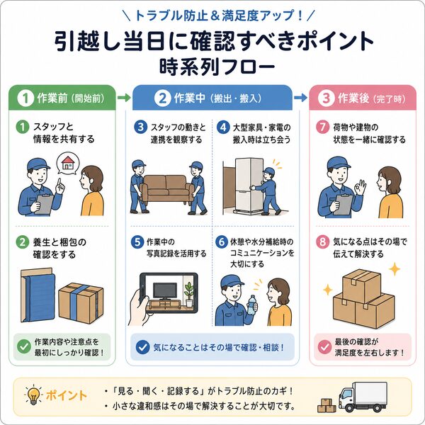 引越し当日に確認すべきポイントの時系列フロー（作業前→作業中→作業後）