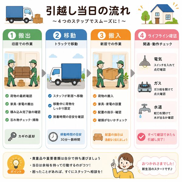 引越し当日の流れ(搬出→移動→搬入→ライフライン確認)