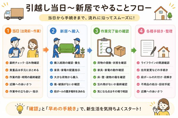 引越し当日〜新居でやることフロー(当日→搬入→確認→手続き)