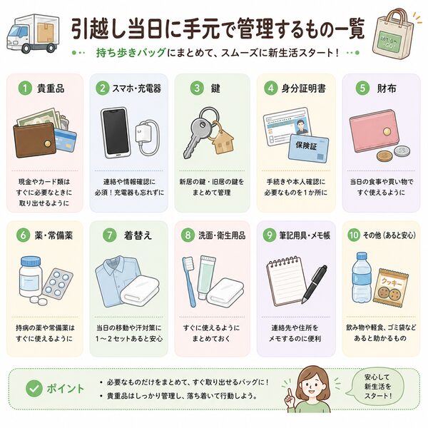 引越し当日に手元で管理するもの一覧(持ち歩きバッグ)