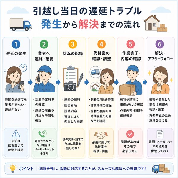 引越し当日の遅延トラブル発生から解決までの流れ