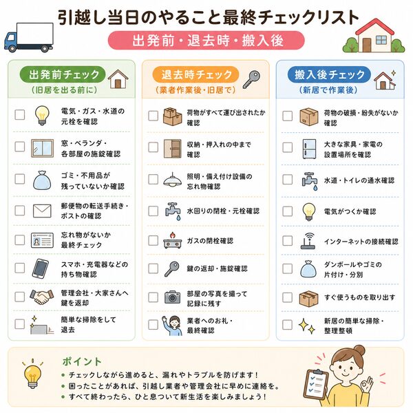 引越し当日のやること最終チェックリスト【出発前・退去時・搬入後】