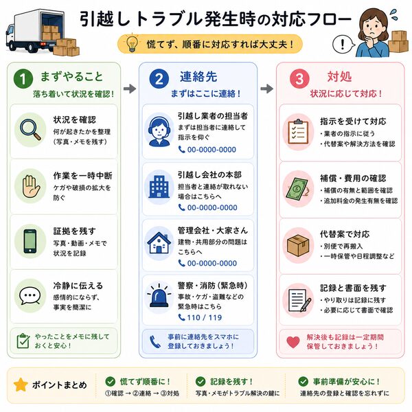 引越しトラブル発生時の対応フロー(まずやること→連絡先→対処)