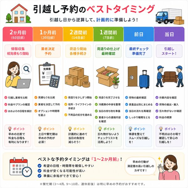 引越し予約のベストタイミング（引越し日から2か月前〜当日までのスケジュール）