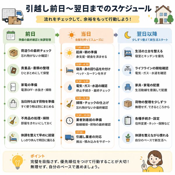 引越し前日〜翌日までのスケジュールタイムライン