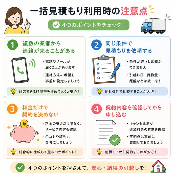 一括見積もり利用時の注意点チェックリスト（連絡・同条件・料金・契約内容）