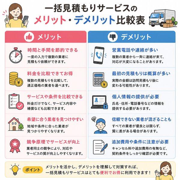 一括見積もりサービスのメリット・デメリット比較表