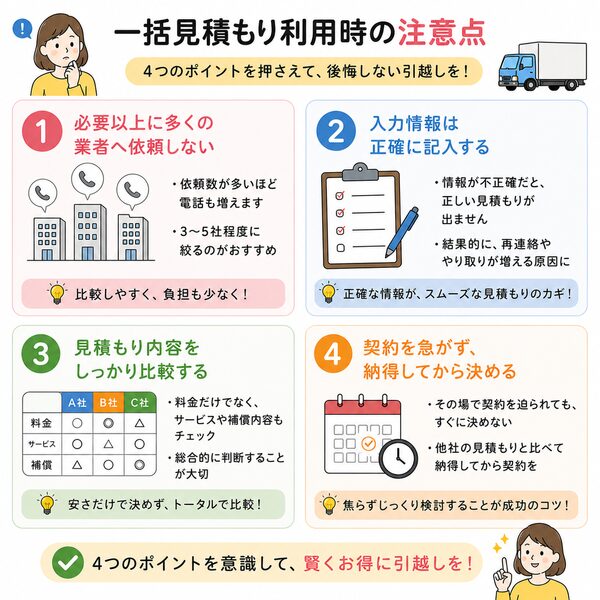 一括見積もり利用時の注意点(依頼数・入力内容・比較・契約タイミング)