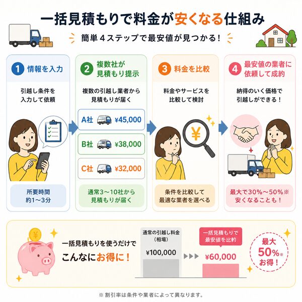 一括見積もりで料金が安くなる仕組み（比較フロー）