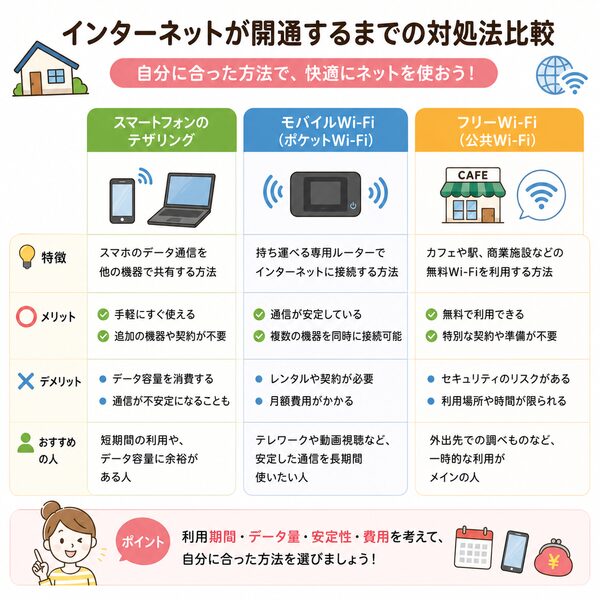 インターネットが開通するまでの対処法比較(テザリング・モバイルWi-Fi・フリーWi-Fi)
