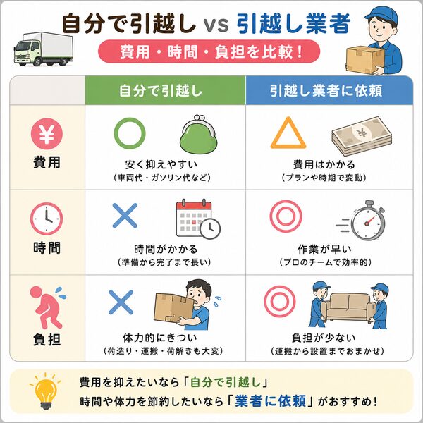 自分で引越し vs 引越し業者｜費用・時間・負担を比較