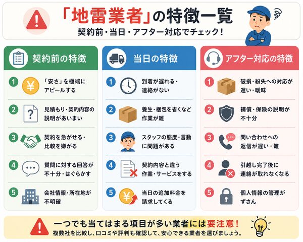 『地雷業者』の特徴一覧（契約前・当日・アフター対応）