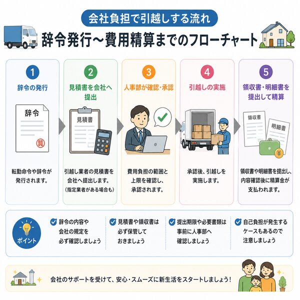 会社負担で引越しする流れ（辞令発行～費用精算までのフローチャート）