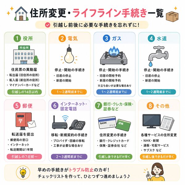 住所変更・ライフライン手続き一覧(役所・電気・ガス・水道・郵便・ネット・銀行など)