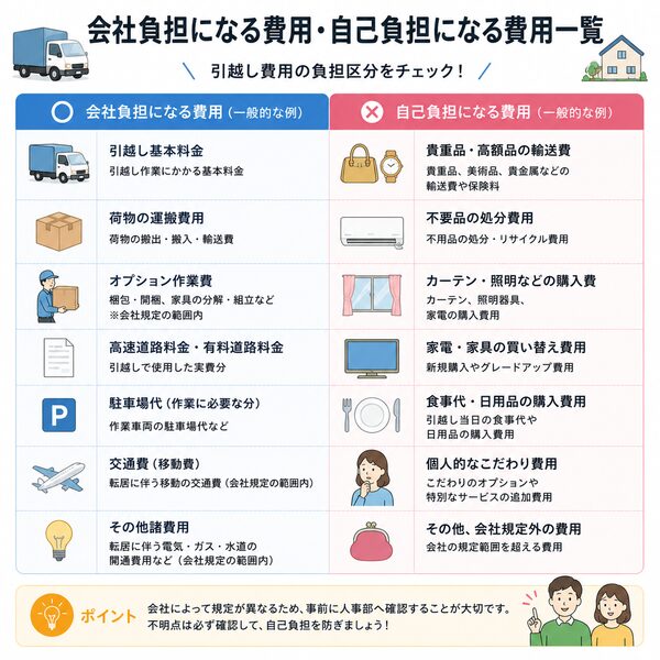 会社負担になる費用・自己負担になる費用一覧（比較表）