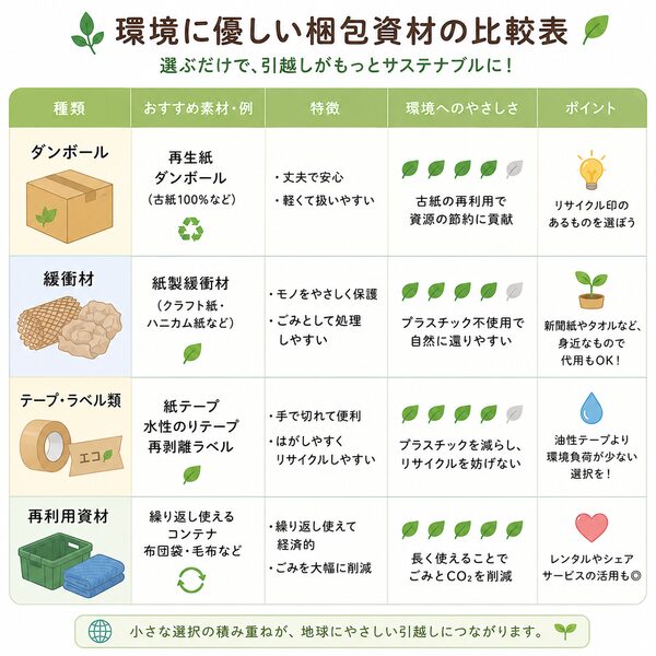 環境に優しい梱包資材の比較表(ダンボール・緩衝材・テープ・再利用資材)