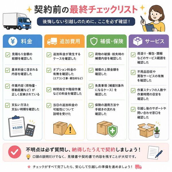 契約前の最終チェックリスト（料金・追加費用・補償・サービス）