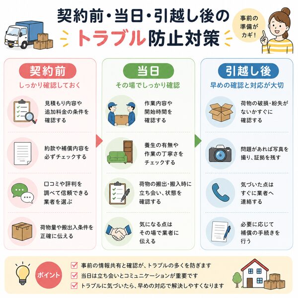 契約前・当日・引越し後のトラブル防止対策図