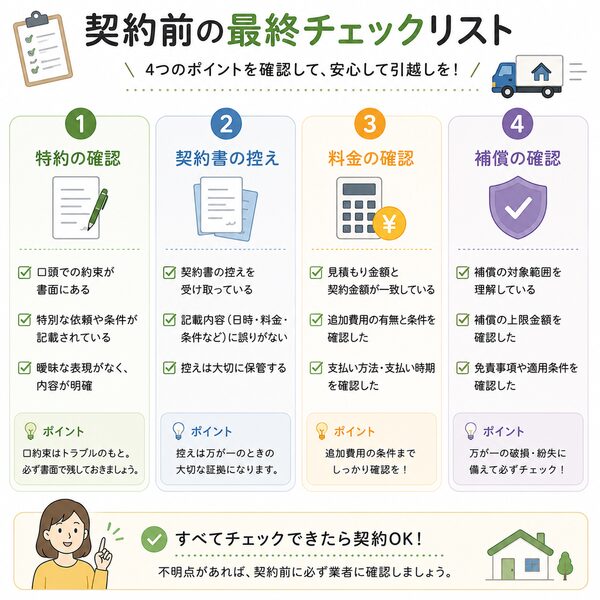 契約前の最終チェックリスト（特約・控え・料金・補償）