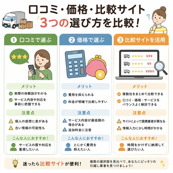 「口コミ・価格・比較サイト」3つの選び方比較図