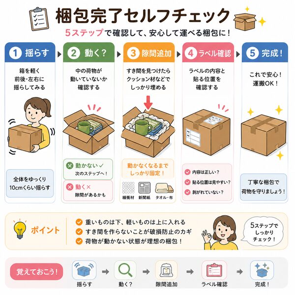 梱包完了セルフチェック（揺らす→動く？→隙間追加→ラベル確認→完成）
