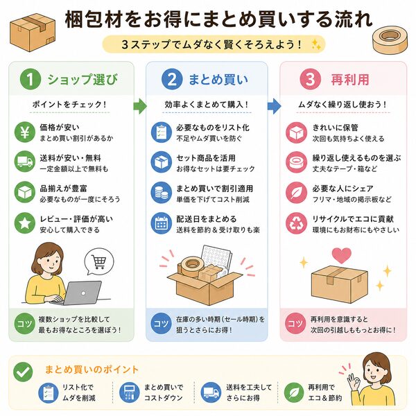 梱包材をお得にまとめ買いする流れ（ショップ選び→まとめ買い→再利用）