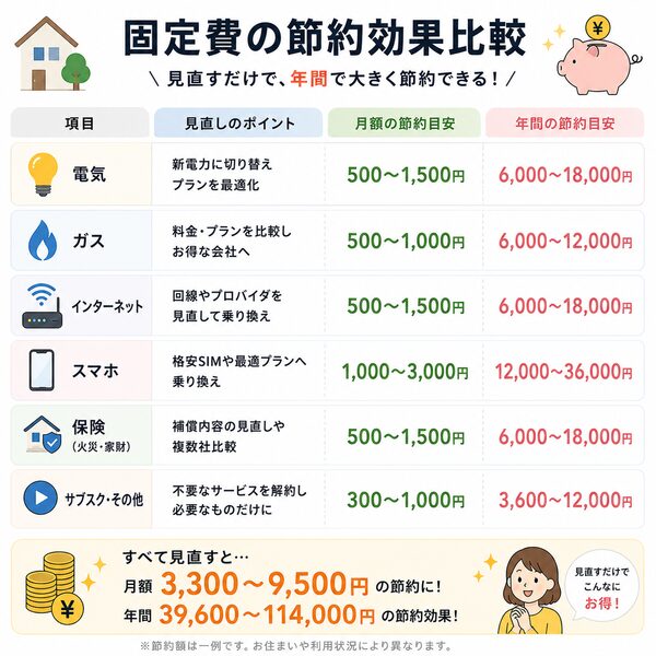 固定費の節約効果比較（電気・ガス・ネット・スマホ・保険・サブスク）