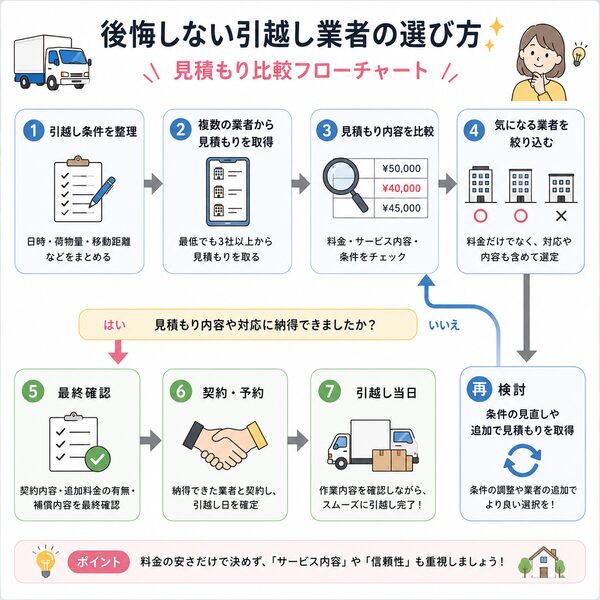 後悔しない引越し業者の選び方｜見積もり比較フローチャート