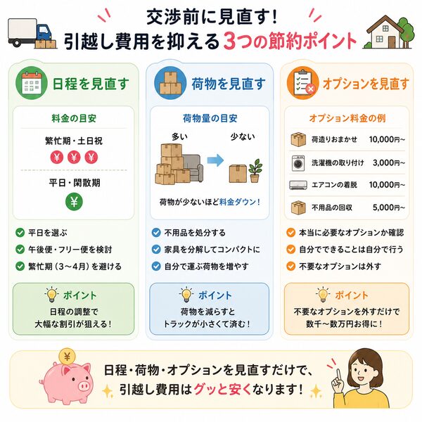 交渉前に見直す節約ポイント比較図（日程・荷物・オプション）