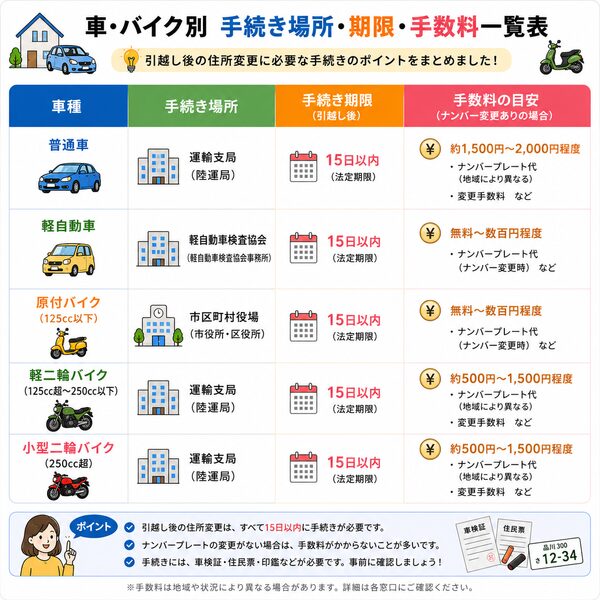 車・バイク別「手続き場所・期限・手数料」一覧表