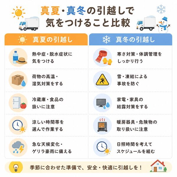 真夏・真冬の引越しで気をつけること比較表