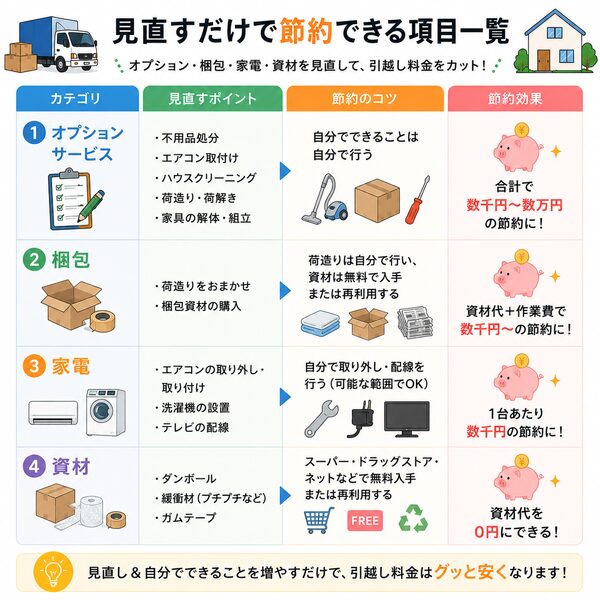 見直すだけで節約できる項目一覧（オプション・梱包・家電・資材）