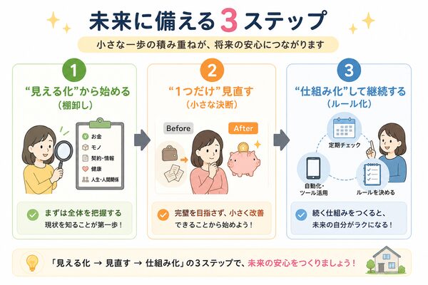 未来に備える3ステップ(見える化→見直す→仕組み化)フロー図