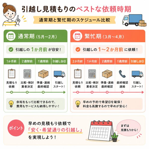 引越し見積もりのベストな依頼時期(通常期・繁忙期のスケジュール比較)
