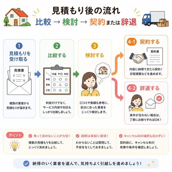 見積もり後の流れ（比較→検討→契約または辞退）