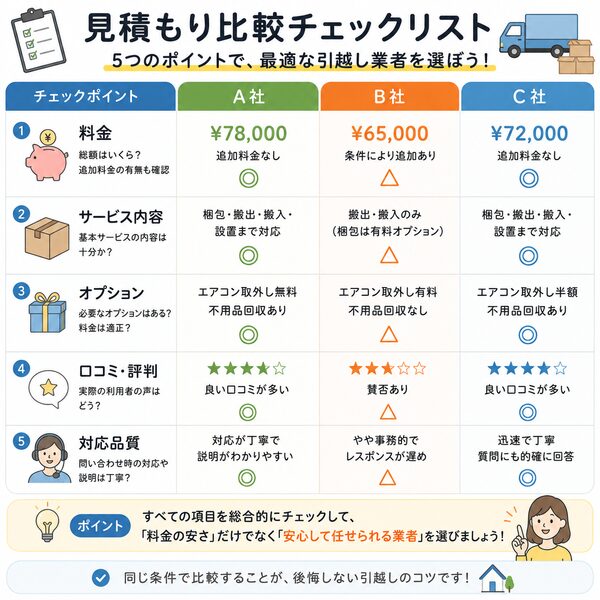 見積もり比較チェックリスト（料金・サービス・オプション・口コミ・対応品質）