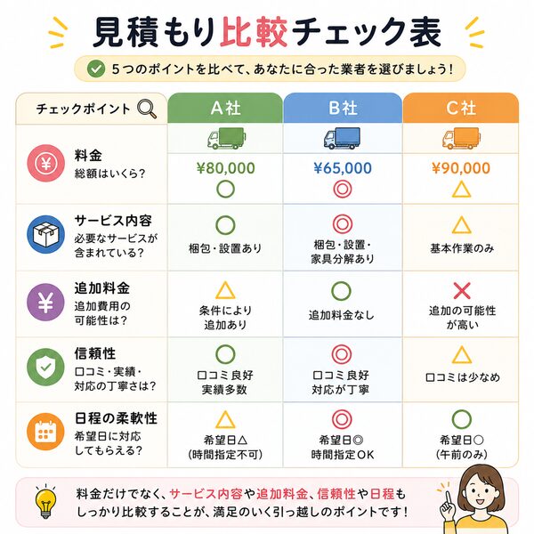見積もり比較チェック表(料金・サービス・追加料金・信頼性・日程)