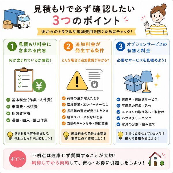 見積もりで必ず確認したい3つのポイント(料金・追加費用・オプション)
