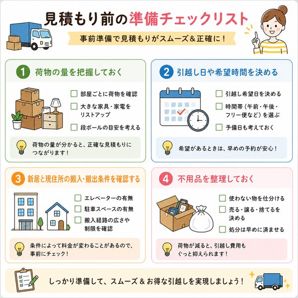 見積もり前の準備チェックリスト(荷物・日程・搬入条件・不用品整理)