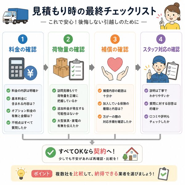 見積もり時の最終チェックリスト（料金・荷物量・補償・スタッフ対応の確認フロー）