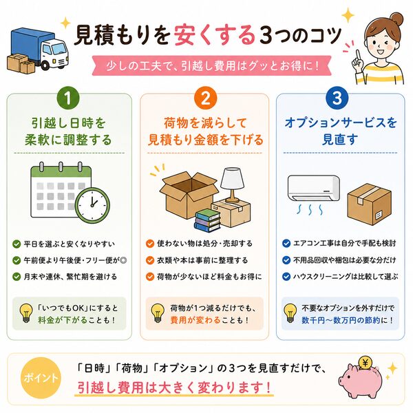 見積もりを安くするコツ(日時調整・荷物削減・オプション見直し)