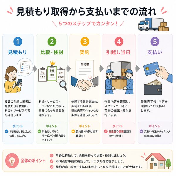 見積もり取得から支払いまでの流れ（見積もり→比較→契約→引越し→支払い）フローチャート