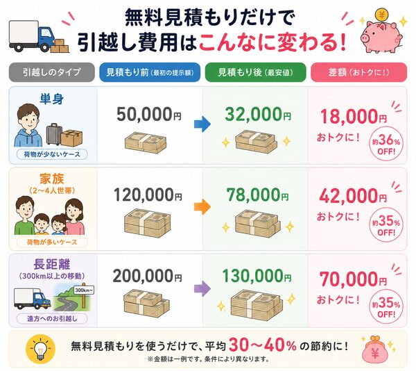 無料見積もり前後の料金比較イメージ（単身・家族・長距離）