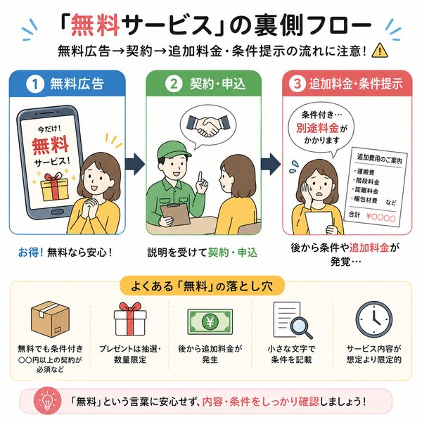 「無料サービス」の裏側フロー（無料広告→契約→追加料金・条件提示）